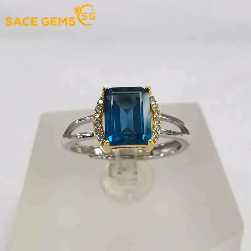 SACE GEMS Blue Topaz Gemstone Rings for Women Resizable 925 Sterling Silver Engagement Wedding Band Fine Fashion Jewelry Gifts