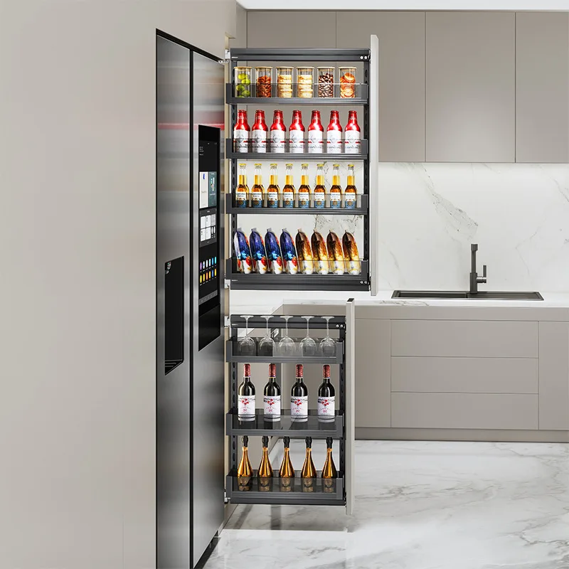 

High cabinet side pull basket, kitchen drawer style, extremely narrow refrigerator, crevice shelf for storing snacks