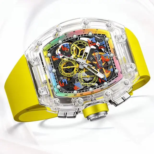 CRONUSART Men Chronograph Watch 50MM Tonneau Mechanical Wristwatch Sapphire Case & Mirror Luminous Fluororubber Strap