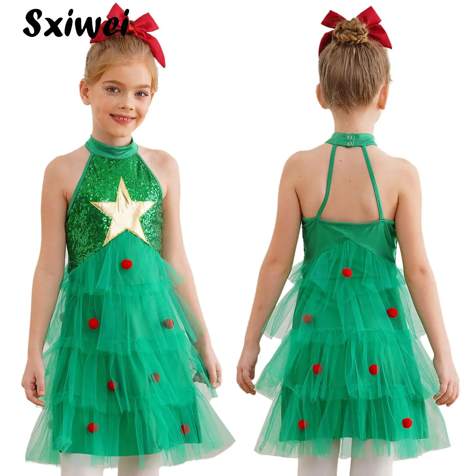 

Kids Girls Christmas Tree Costume Green Sequins Sleeveless Tiered Mesh Tutu Dress with Pompoms New Year Party Santa Elf Dress Up