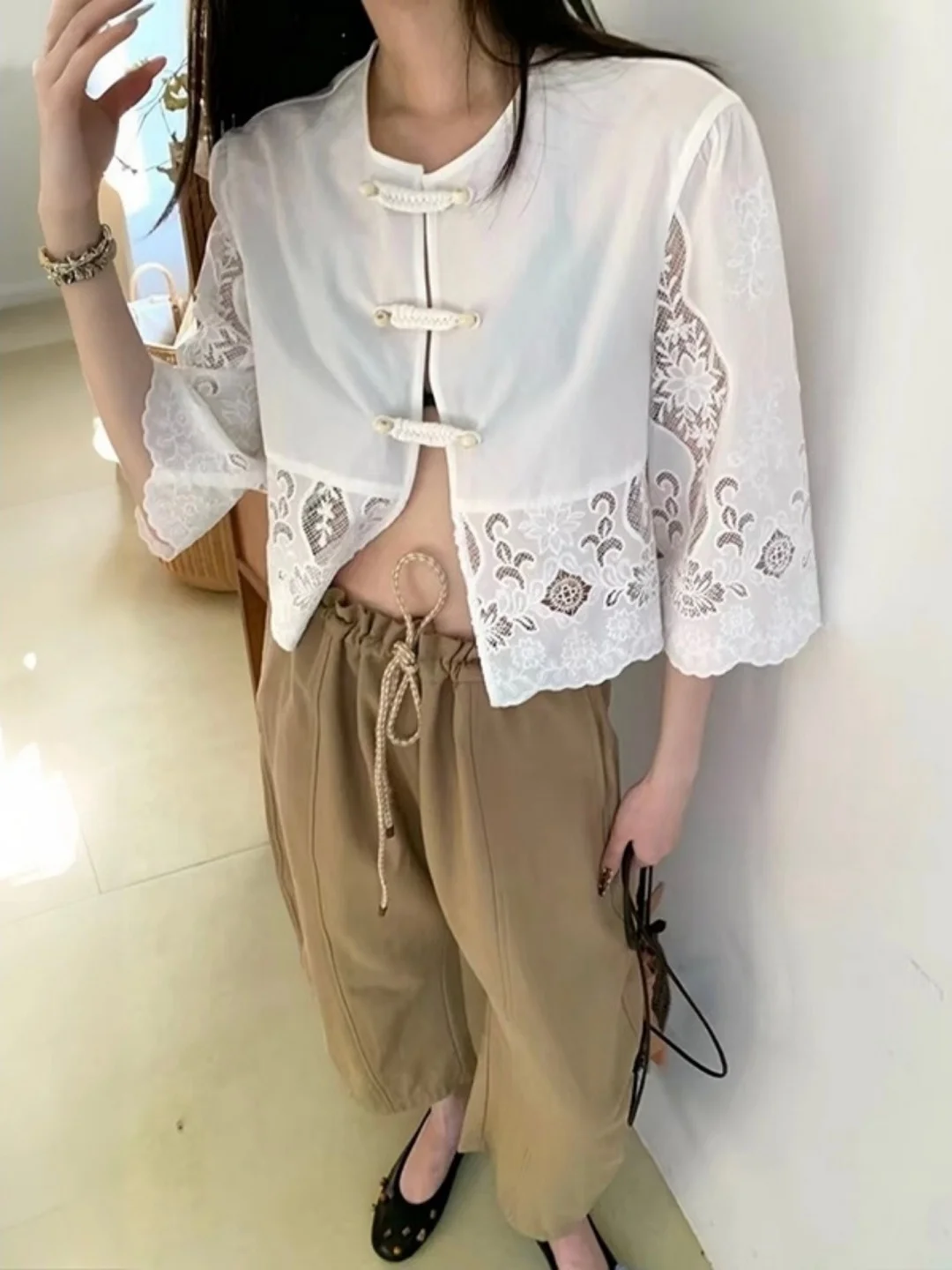 

Ele Double Button Heavy Embroidery Lace Loose Fit round Ne ort Sve Women's irt Cotton Material Breathable Skin-F...