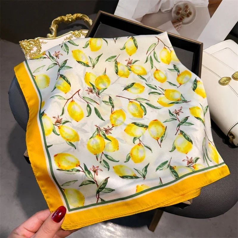 70 سنتيمتر مربع الليمون طباعة الأصفر مربع وشاح حريري عادية أنيقة رقيقة تنفس الرقبة المرأة يندبروف رئيس التفاف الأوشحة الشعر 2025 #4