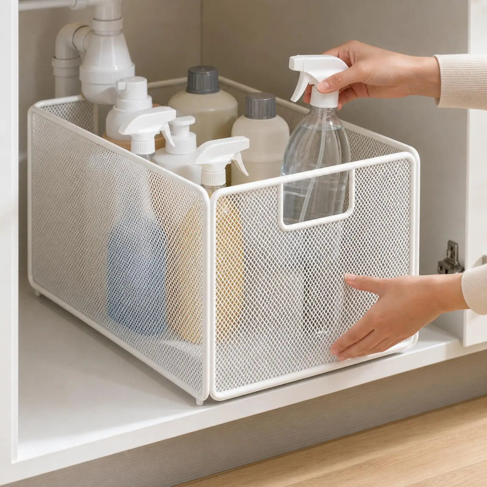Spacious Mesh Sink Organizer Basket with Pull Handle Rectangular Iron Storage Container for Under Counter Cabinet Cleaning Tool