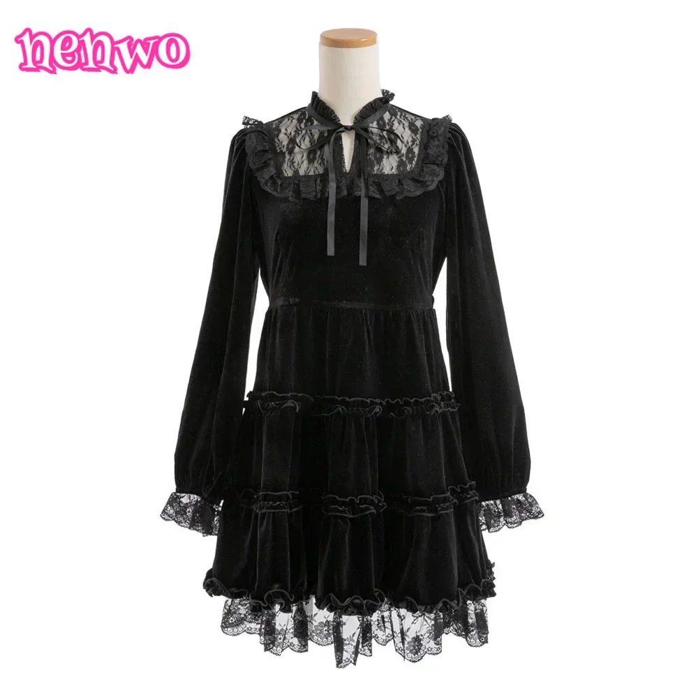 Outono inverno novo versátil elegante lolita estilo princesa veludo rendas retalhos em camadas vestido babados doce bonito vestido plissado