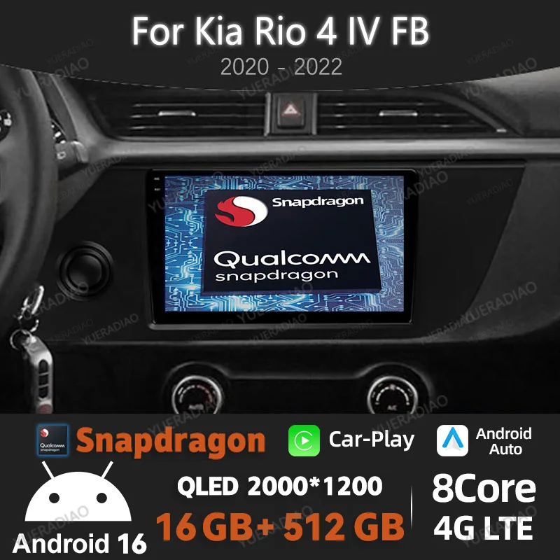 Radio para Auto Android 16 para Kia RIO 4 IV FB 2020 - 2022, Unidad Principal 4G WIFI, Reproductor Multimedia de Video QLED 2DIN, GPS, Navegación, Bluetooth, Qualcomm