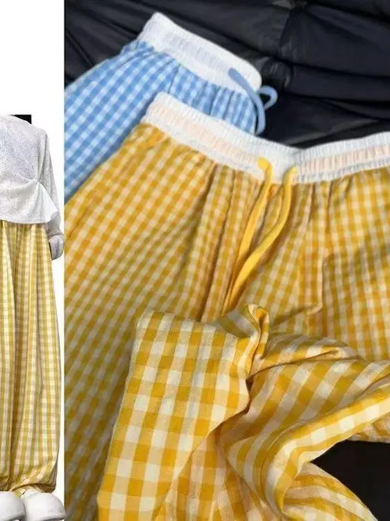 

Trendy Cute Plaid Pants Women's Summer Thin High Waist Wide Leg Pants Korean Style Straight Cut High Waist Commute Style
