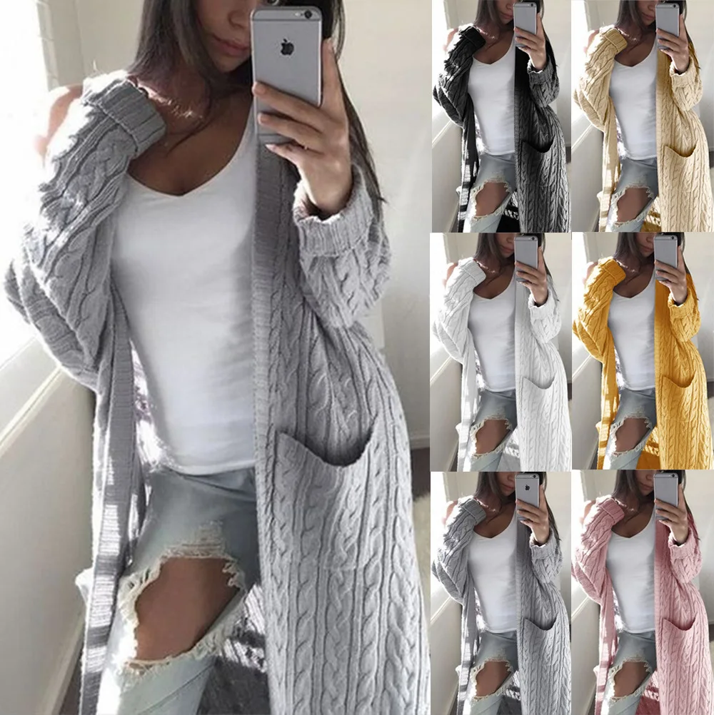 Cárdigan largo de doble bolsillo para mujer, suéter de punto de cuerpo completo, estilo europeo y americano, giros de masa frita, Otoño e Invierno