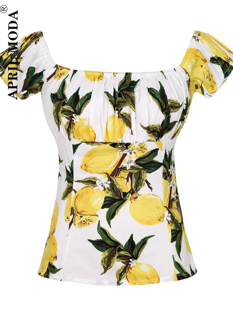 Lemon Print Women Off Shoulder Bandage 50s Tops Blouse Shirt Ladies Short Sleeve Slash Neck 2023 Summer Fashion Dropshipping