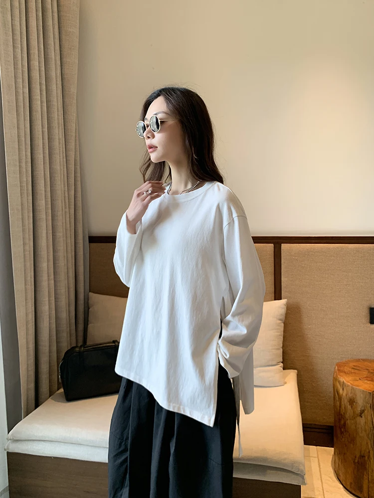 

Хлопковая удлиненная футболка женская, весенняя новинка, повседневная, свободная, больших размеров, белая, базовая, в корейском стиле