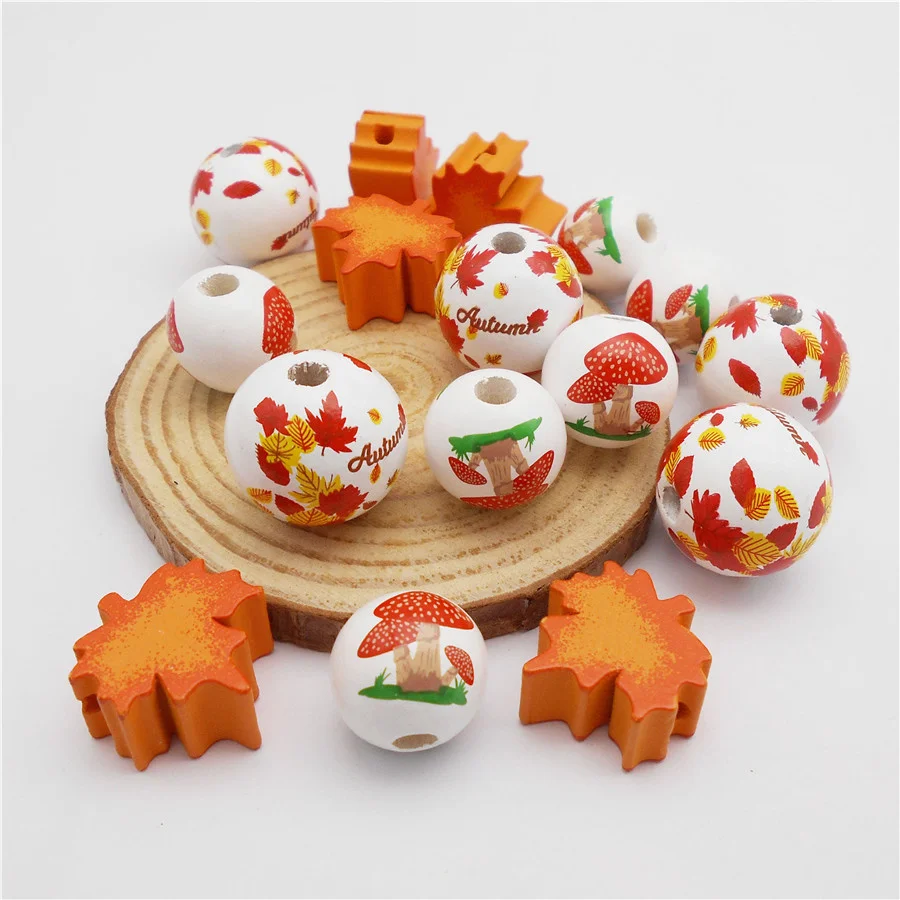 30PCS Wooden Autumn Beads Mix Maple Leaf Mushroom Pattern Natural Wood Loose Spacer Beads Bracelet Making Thanksgiving Day Decor