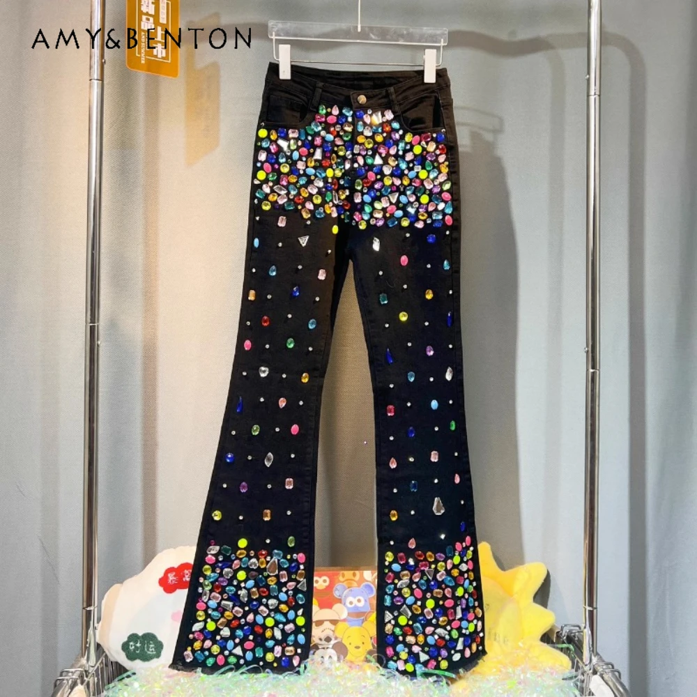 

European Style Denim Trousers Autumn Winter New Heavy Diamond Studded By Hand Beaded High Waist Slimming Stretch Skinny Jeans