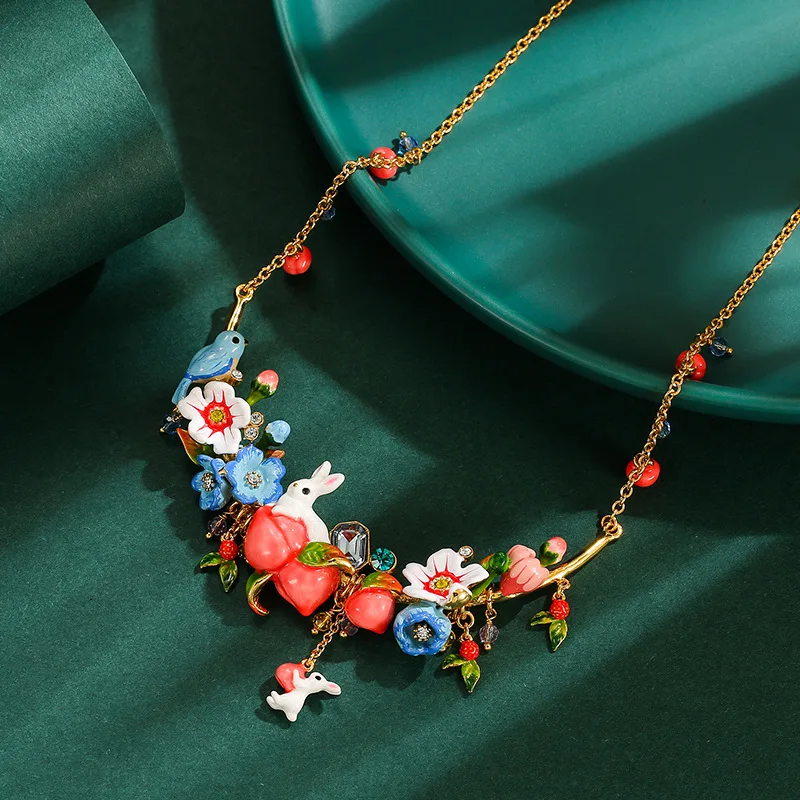 Rural Handmade Enamel Glaze Peach Rabbit Blue Flower Blossom Blue Bird Red Strawberry Multi Charms Pendant Rhinestone Necklace