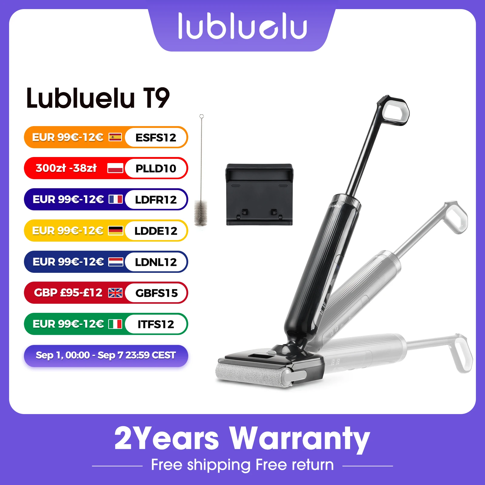 Lubluelu T9 21KPA Intelligenter Kabelloser Nass-Trocken-Staubsauger 180 °   Ultradünner Flachmopp für Hartböden mit Digitalanzeige