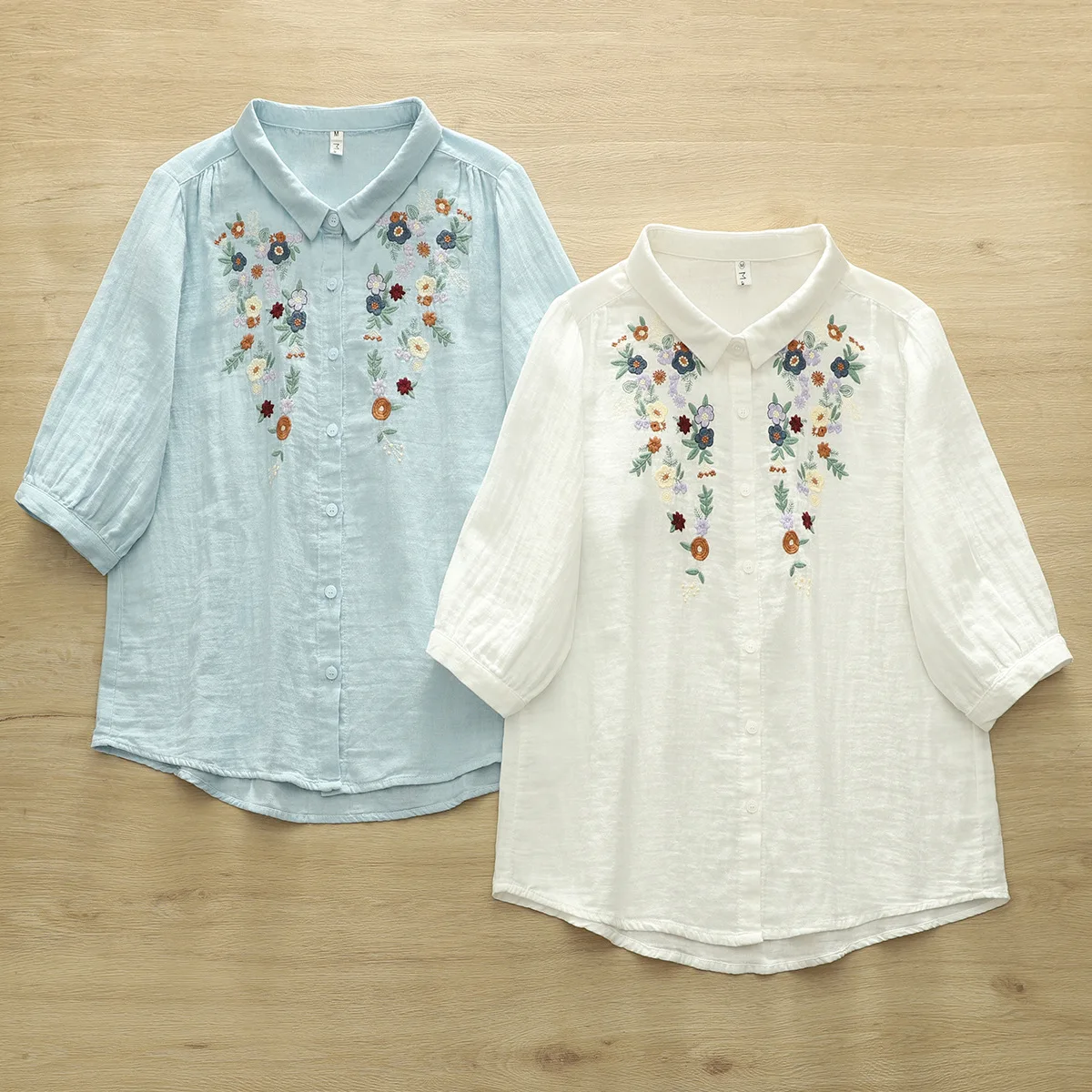 Nieuw zomershirt van katoengaren met 3/4 mouwen, dames revers bloemenborduurwerk, Mori Girl zachte OL delicate losse blouse T54359CC