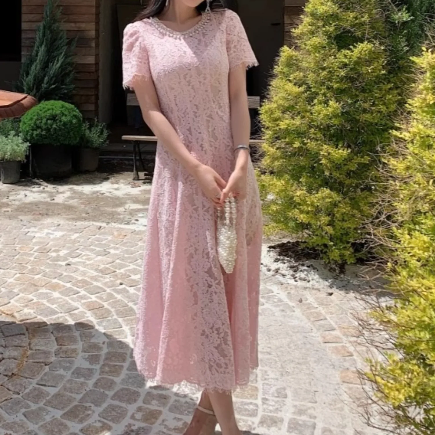 Roze kant kralen pareljurk vrouwen elegante korte mouw patchwork kleding dame streetwear runway ontwerp vestidos bodycon