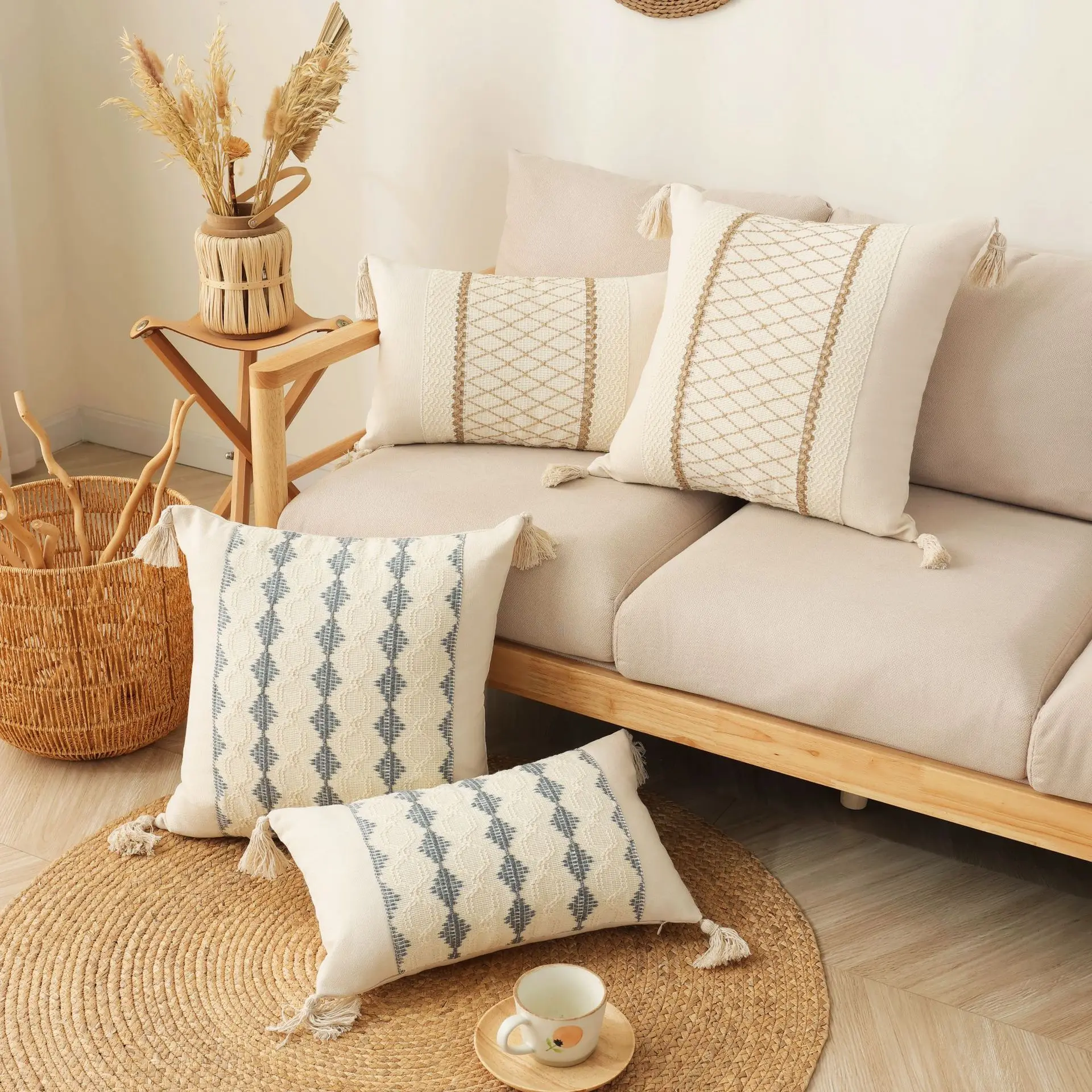 2 Piece Boho Cotton and Linen Tassel Cushion Cover Geometric Woven Crochet Pillowcases Fringed Handmade Home Decor 55x55/60x60cm