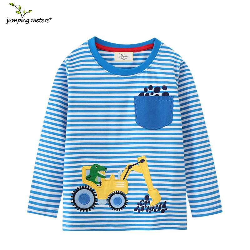 Springen Meter 2-7T Lange Mouw Gestreepte Auto Borduren Jongens T-shirts Herfst Winter Kinderkleding Lange Mouw Kids tops