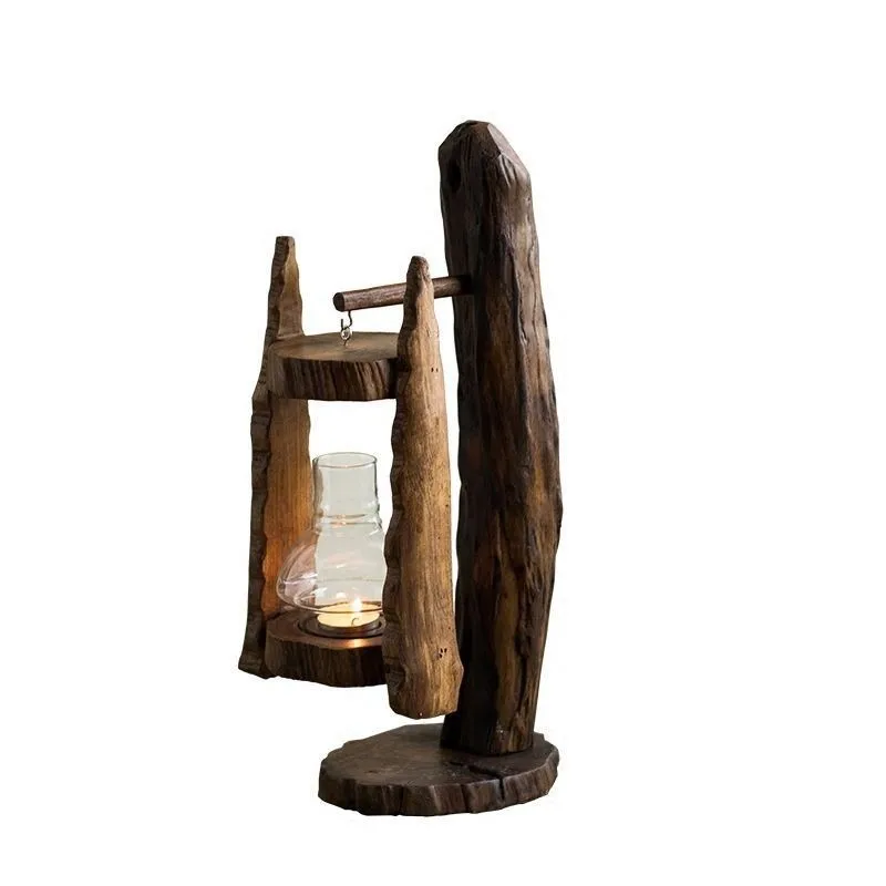 Thailand log wind lamp creative candlestick retro South East Asia glass cover candlestick outdoor windproof horse lamp zen ornam