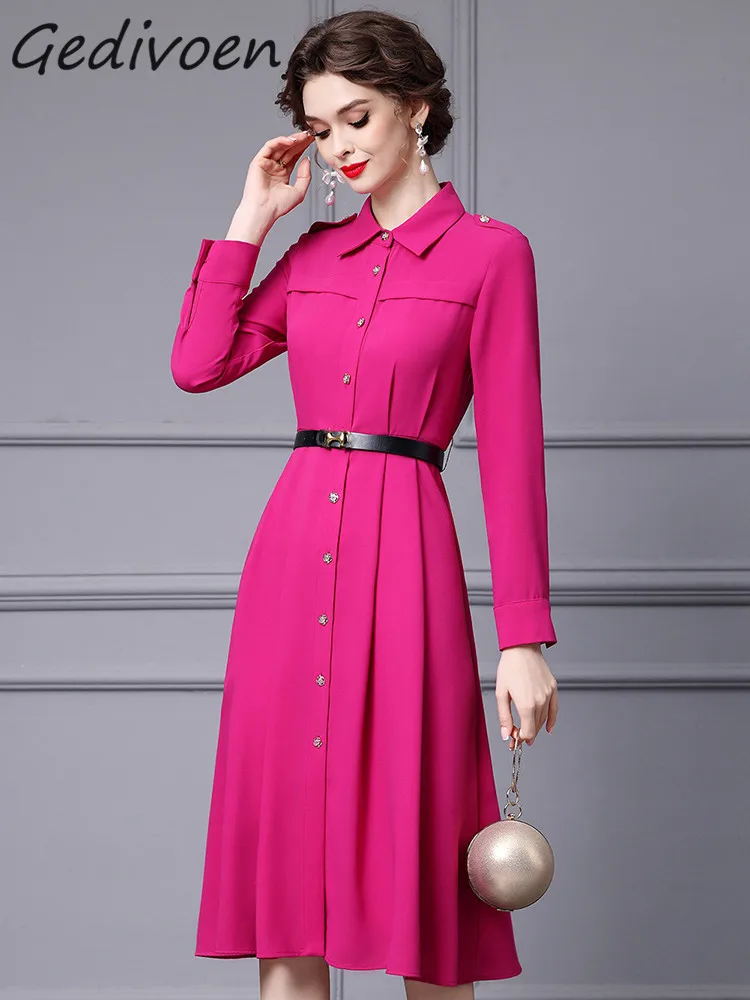 Gedivoen Autumn Fashion Designer Rose Red Vintage Party Dress Women Lantern Sleeve Button Sashes Gathered Waist Slim Long Dress