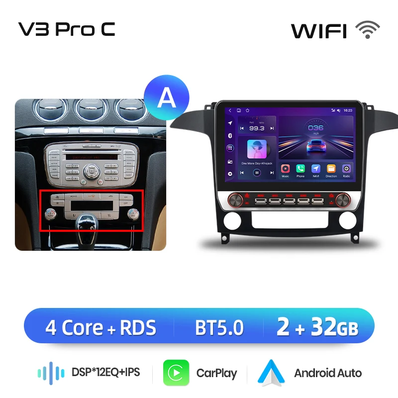 Junsun 13.1″ QLED draadloze CarPlay Android Auto autoradio voor Ford S-MAX 2007-2014, intelligente autosystemen, DSP, SWC, RDS, GPS, FM, BT