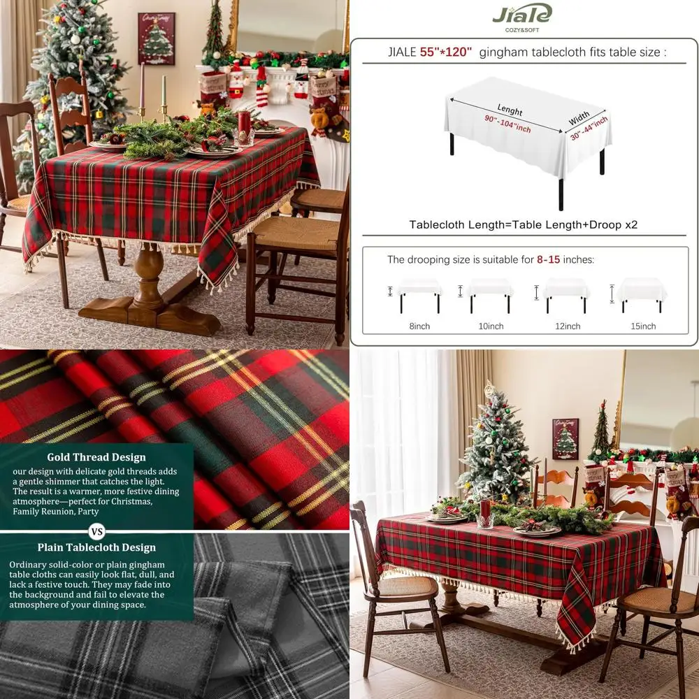 

Red Checkered Christmas Tablecloth, 55x120, Cotton Linen Blend, Tasseled, Washable & Wrinkle-Free for Holiday Dining