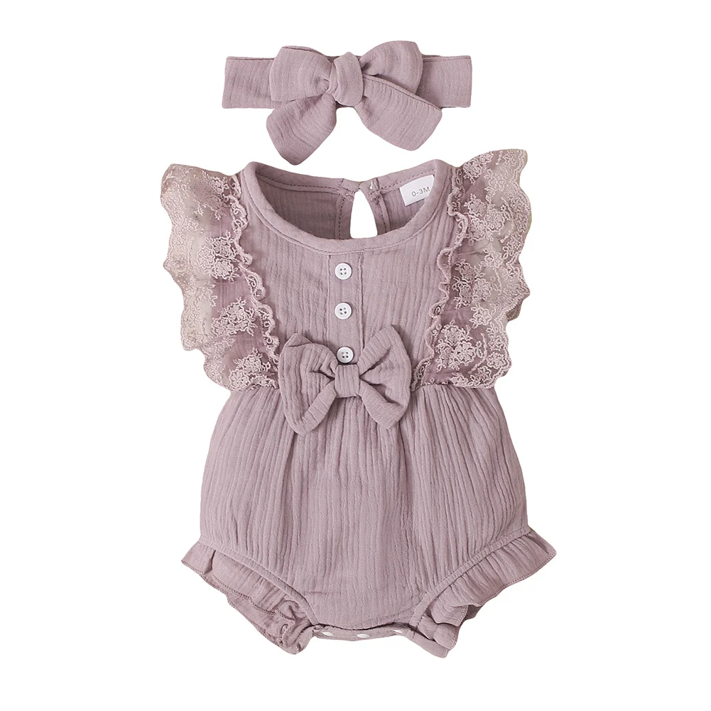 2pcs/set Newborn Baby Girls Bow Romper Summer Outfits Lace Ruffled Sleeve Jumpsuit Bodysuit+Headband Infant Clothes 0-18M