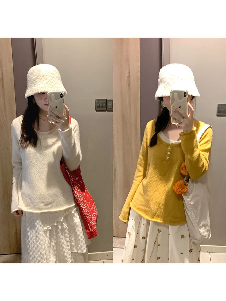 

Вязаный свитер-топ на пуговицах, большой круглый вырез, два цвета: молочно-белый и имбирно-желтый, повседневный стиль, корейский стиль...