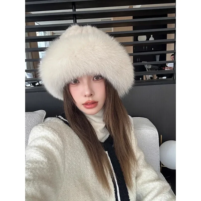 Korean version mink hair woven fur hat with fox fur edge winter warm basin hat bucket hat casual women