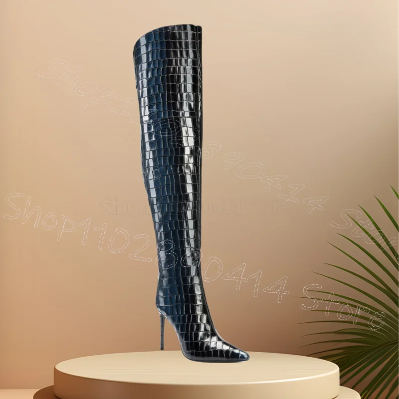 Black Blue Alligator Print Pointed Toe Boots Back Zipper Women Shoes Thin High Heels New Party Banquet 2026 Zapatos Para Mujere