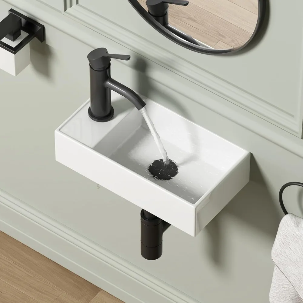 

Modern Rectangular Ceramic Floating Sink, QISHKA 16 x 8.5 Wall-Mounted White Basin Vessel