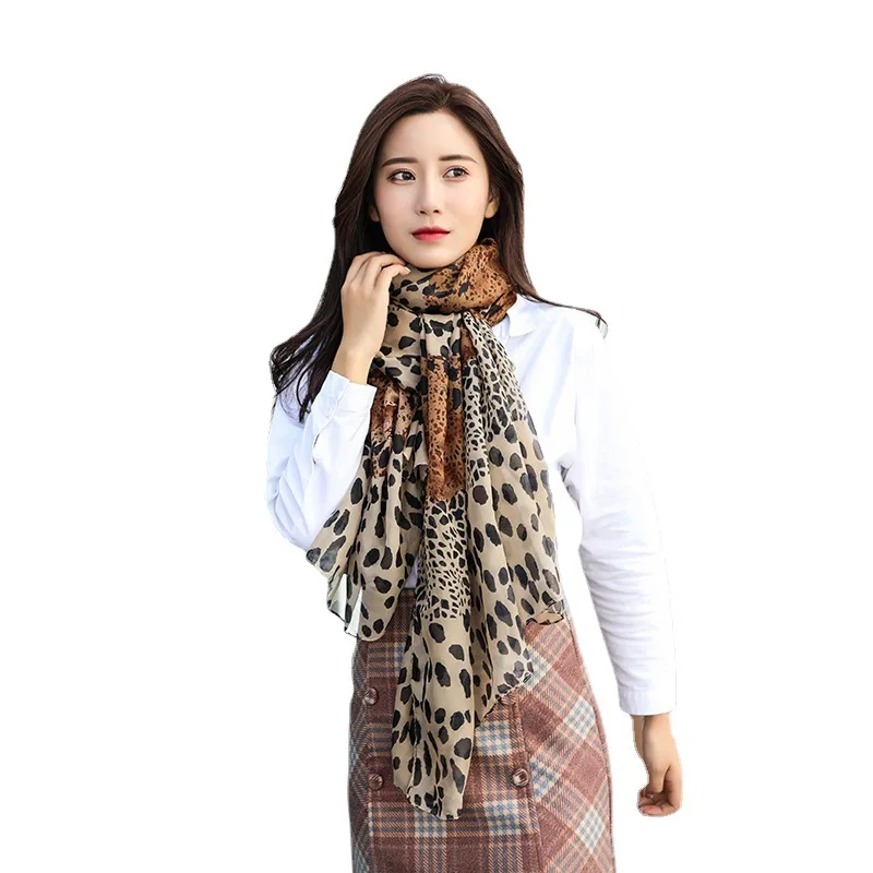 Bufanda de seda grande con estampado de leopardo para mujer, bufanda fina, bufanda de seda estampada para primavera y verano