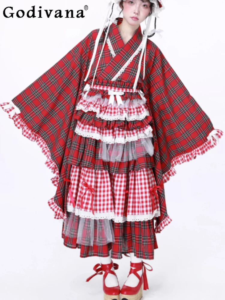 

Spring New Japanese Retro Cute Red Plaid Long Sleeve Shirt Fashion Versatile Loose Age-reducing Lace V-neck Lace-up Shirts