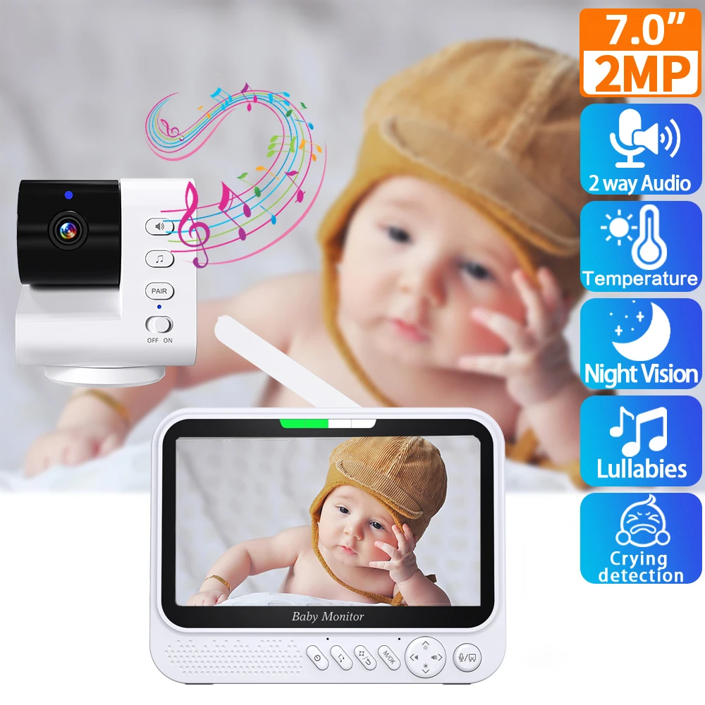 Monitor para Bebés de 7 Pulgadas con Video HD 1080P, Cámara de Seguridad Inalámbrica, 8 Canciones de Cuna, Visión Nocturna, Sin WiFi, Batería de 5000 mAh, Cámara con Audio