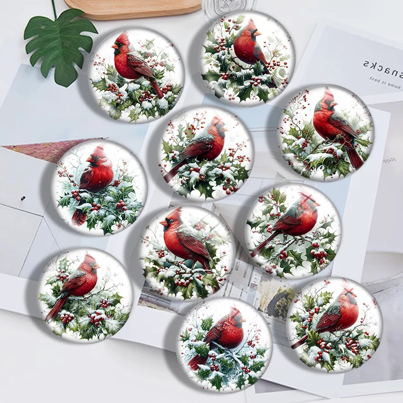 Watercolor Cardinals Winter 10pcs 12mm14mm/16mm/18mm/20mm/25mm Round Photo Glass Cabochon Demo Flat Back Making Findings Jewelry