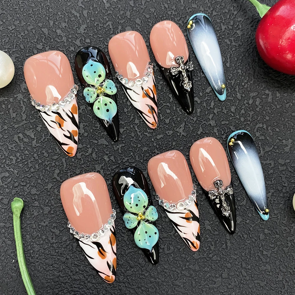 100% Handgefertigte Acrylnägel Glänzende UV-Gel Geschnitzte Aufklebenägel 10 Stück Individuelles Design Künstliche Fingernägel mit Klebstoff und Werkzeug