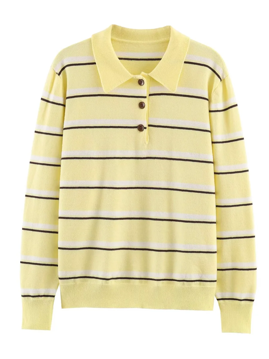Women's Vintage Striped Shirt Collar  Knitwear Long Sleeve Loose Overhead College Style Trendy Polyester Fiber Classic Pa...