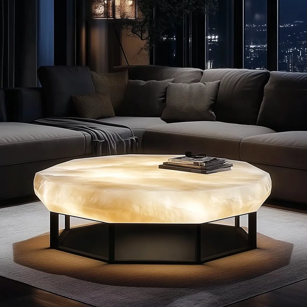Simple luminous jade marble luxury duplex large flat floor apartment living room table