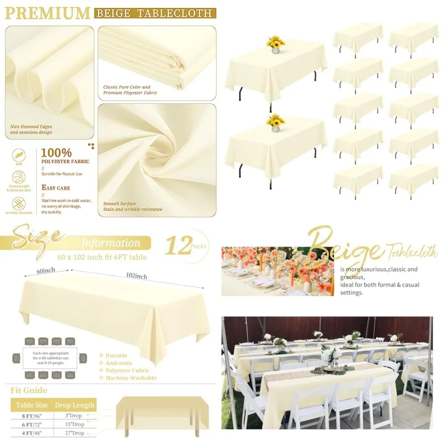 

12 Pack Table Cloth Tablecloth 60 x 102 Inch Table Clothes for 6 Feet Rectangle Tables, Wrinkle Resistant Washable Polyester Ta