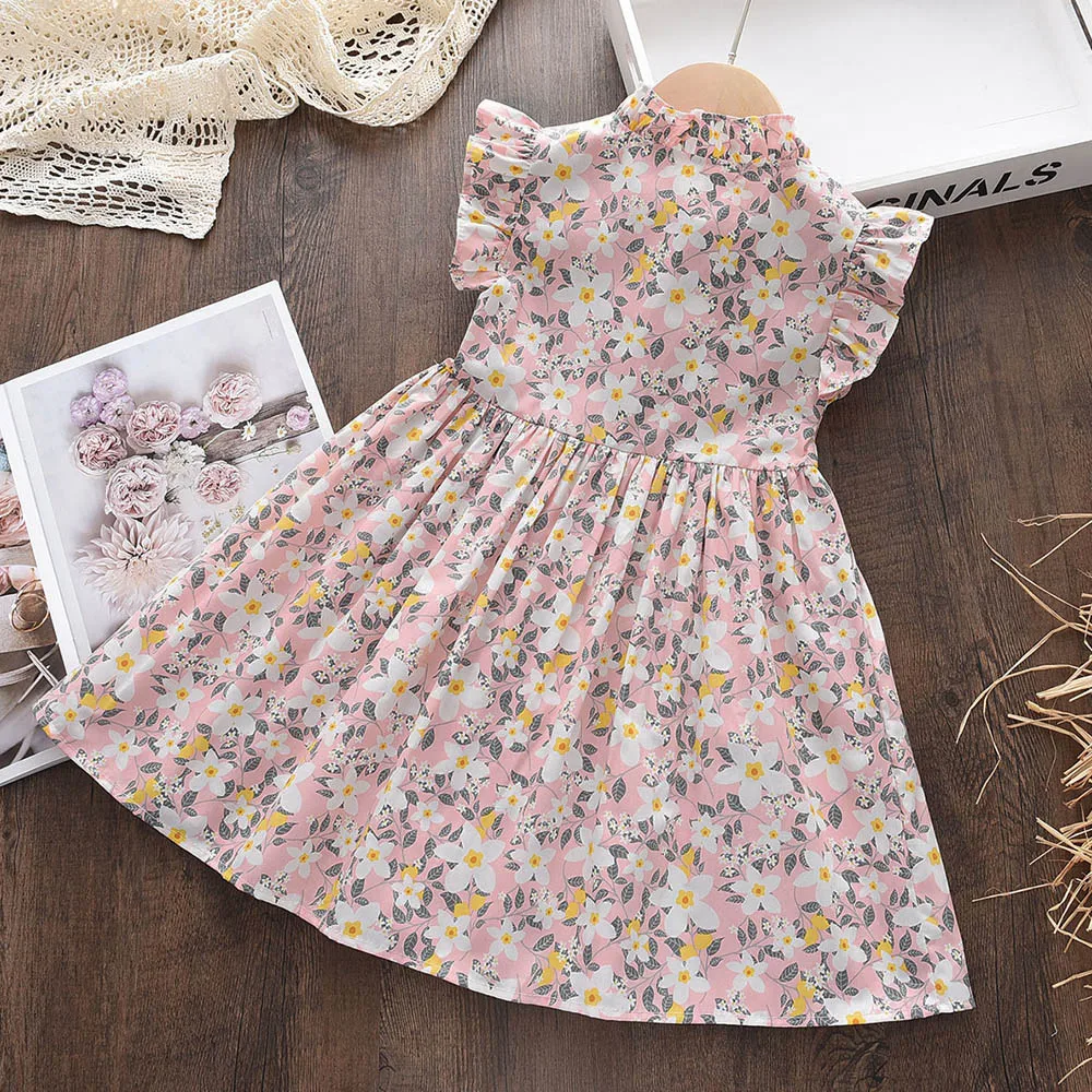 Menoea 2023 Summer Baby Girls Flower Dresses Fahion Style Flying Sleeves Floral Dress 2-6 Years Kids Casual Clothing Outfits