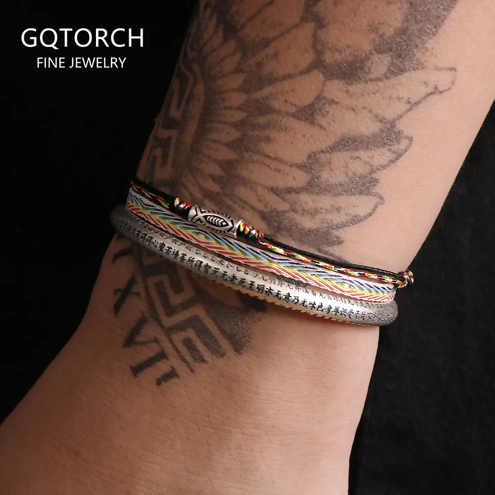 3pcs/set 999 Pure Silver Buddha Heart Sutra Open Bangle Fish Charm Bracelet Tibetan Knot Braided Rope Stack Ethnic Hand Jewelry