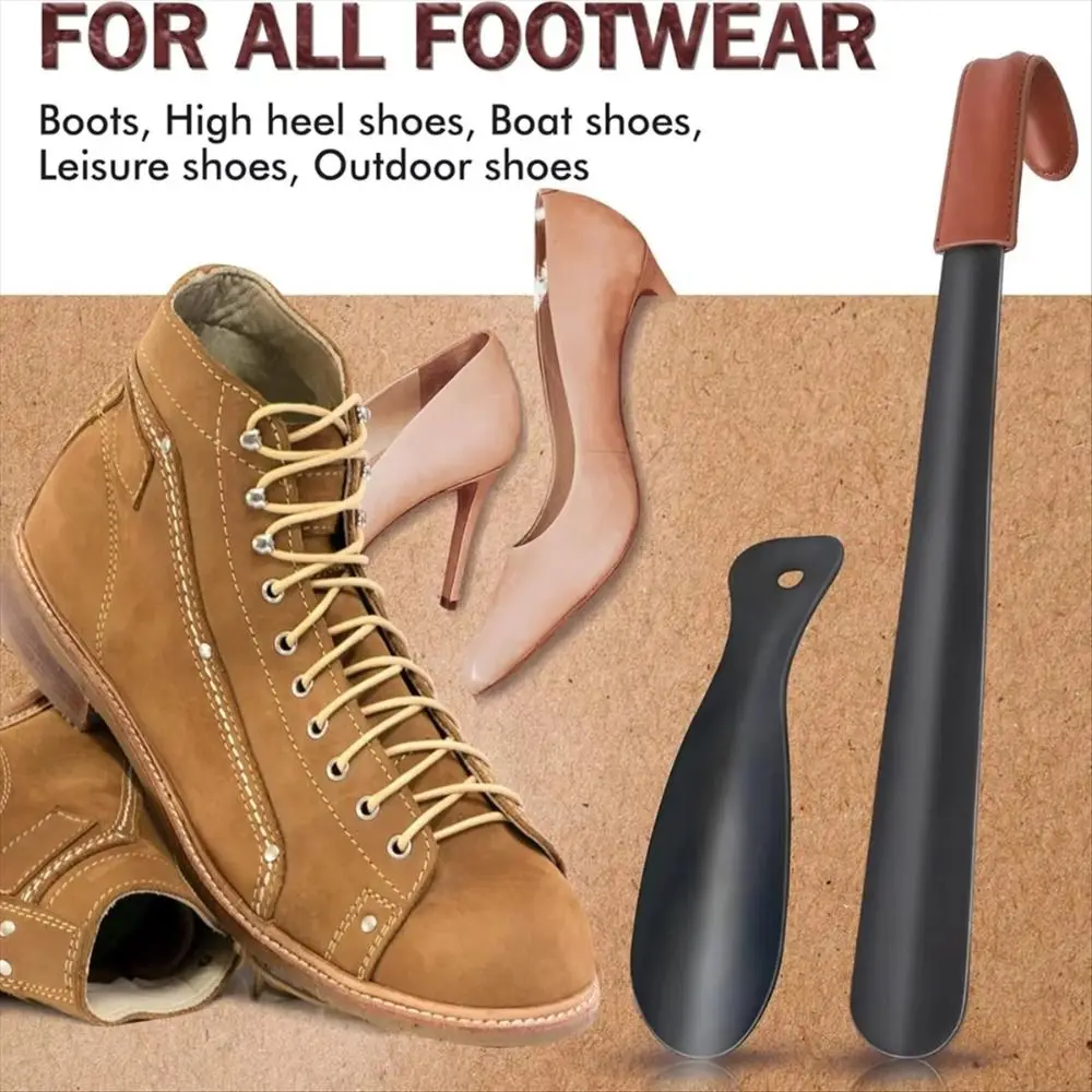 Long Handle Shoe Horn Leather Strap Spoon Shape Leather Shoe Horn Set 42cm Stainless Steel Long Shoe Lifter Shoes Accessories