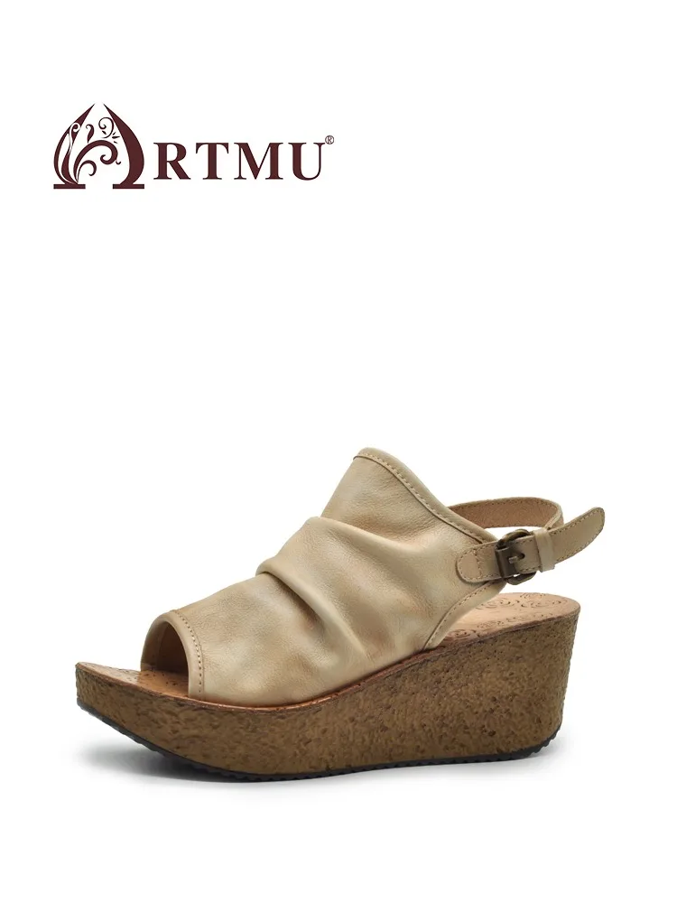 Artmu Original Thick Heel Wedges Sandals For Women Buckle Summer 6cm High Heel Slides Luxury Open Toe Sandals Pleated Ladies