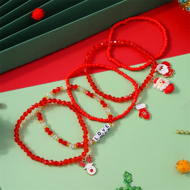5-teiliges Set Bohemian Handgemachte Perlenarmbänder für Frauen, Weihnachts-Hirsch- und Weihnachtsmann-Anhänger-Armbänder, Festivalschmuckgeschenke für Mädchen – Detail 5