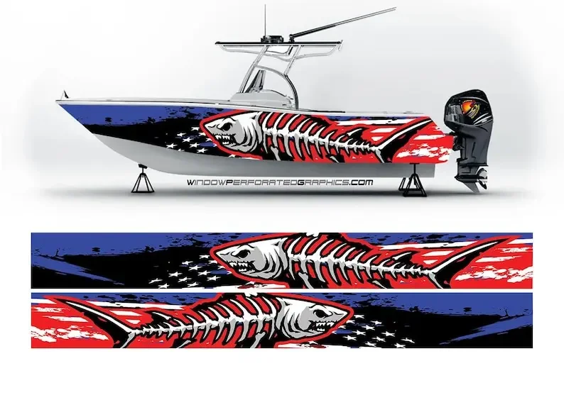 

Distressed American Flag & Shark Fishbones Modern Lines Graphic Vinyl Boat Wrap Fishing Pontoon Sportsman Watercraft etc.. Boat