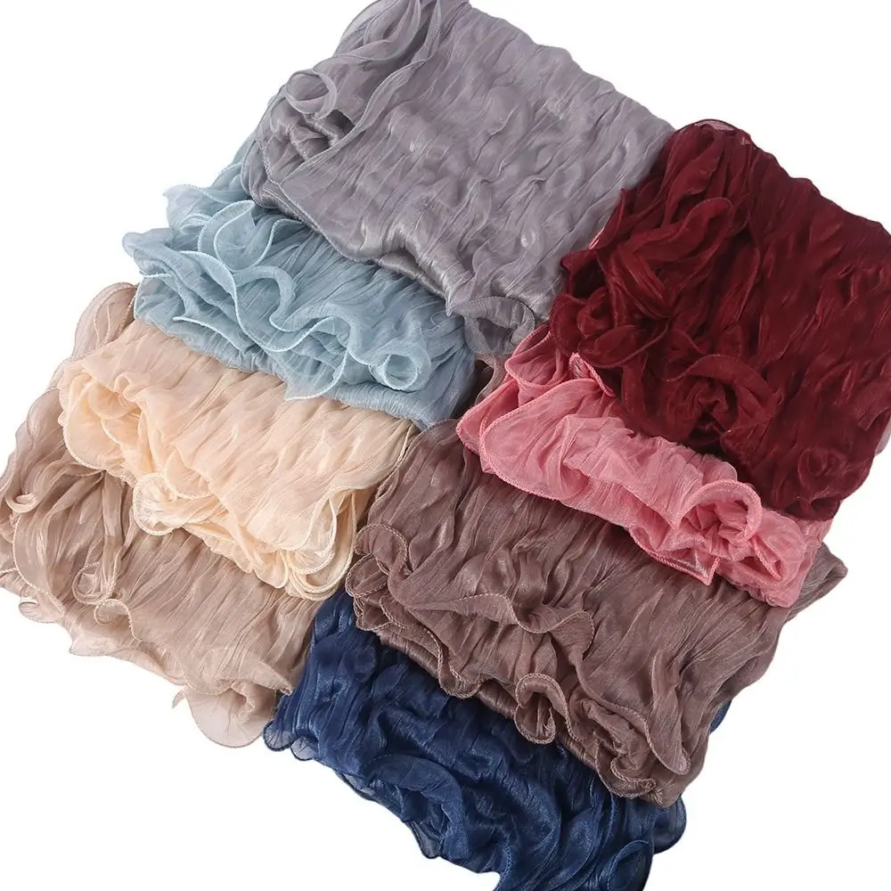 

Fashion Solid Color Silk Scarf Shining Chiffon Chiffon Hijab Veil Long Ruffled Edge Head Wrap Outdoor