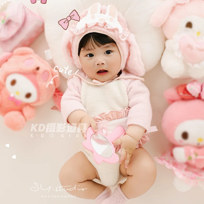 100-Day Infants Cartoon Style Jumpsuit Newborn Photography Outfit My Melody Character Pink Romper with Matching Ear Hat