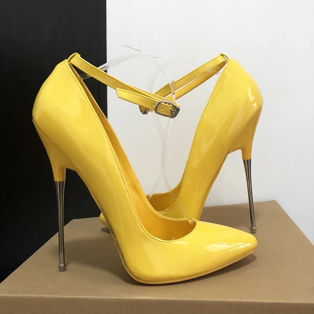 

NEW Arrival All Yellow 16cm Extreme High Metal Heels Sexy Women Stilettos Pumps Fetish Stage Man Ankle Strap Model Unisex Shoes