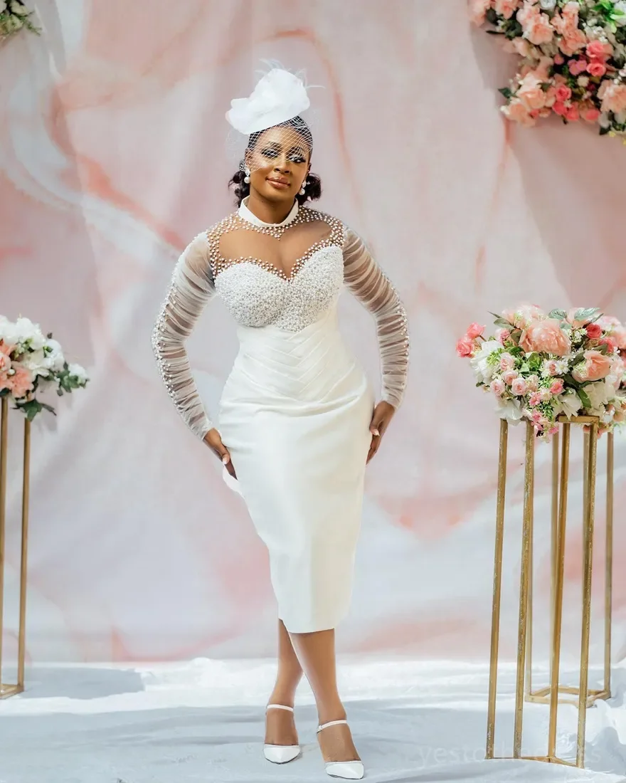 

African Short Wedding Dress Bridal Gowns Illusion High Neck Long Sleeves Beaded Pearls Lace Satin Nigeria Black Girls Customized