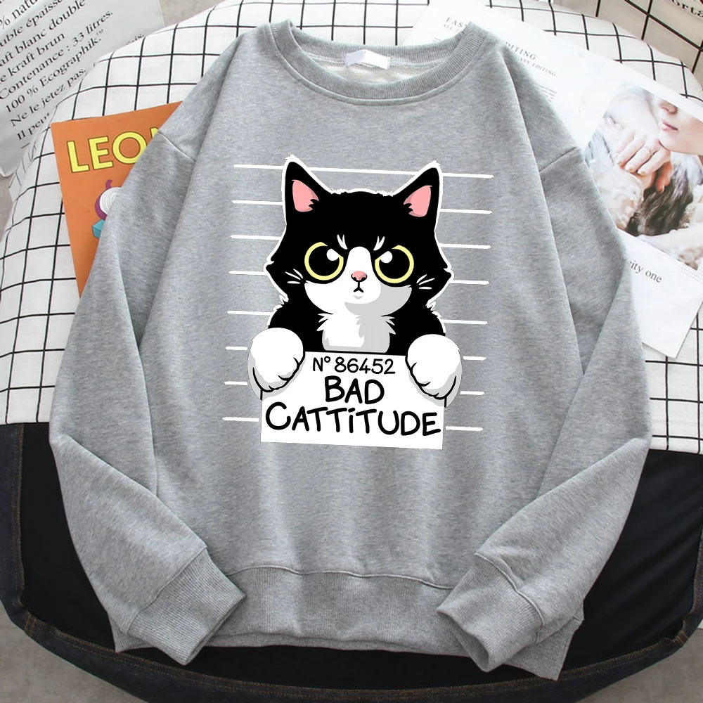 Autumn Winter Womens Pullover No86452 Bad Cattitude Funny Cat Print Hoodie Fleece All-Math Sweatshirts Warm Crewneck Ladies Tops