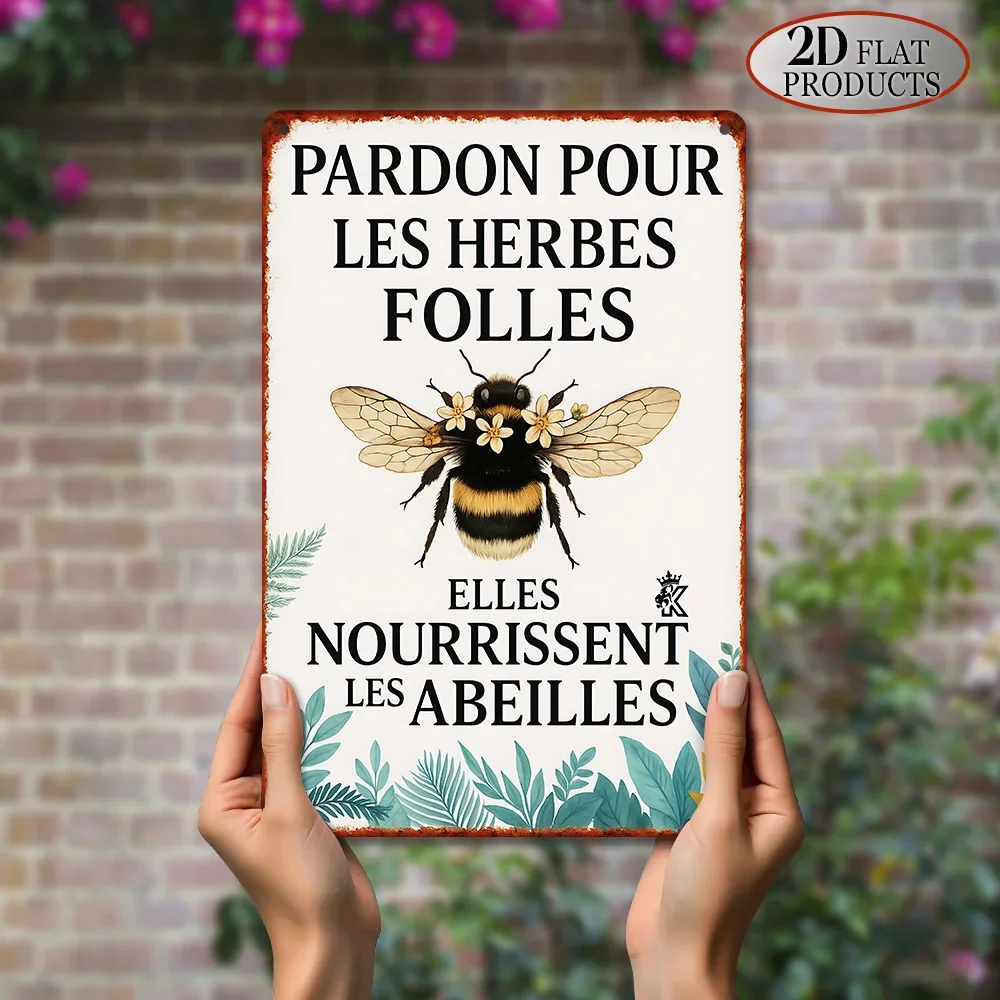 2D Flat, 1pc Vintage Bee Metal Tin Sign - Rustic Wall Decor Plaque with French Beekeeping Quote, 20.07cm x 30.23cm Iron Art for